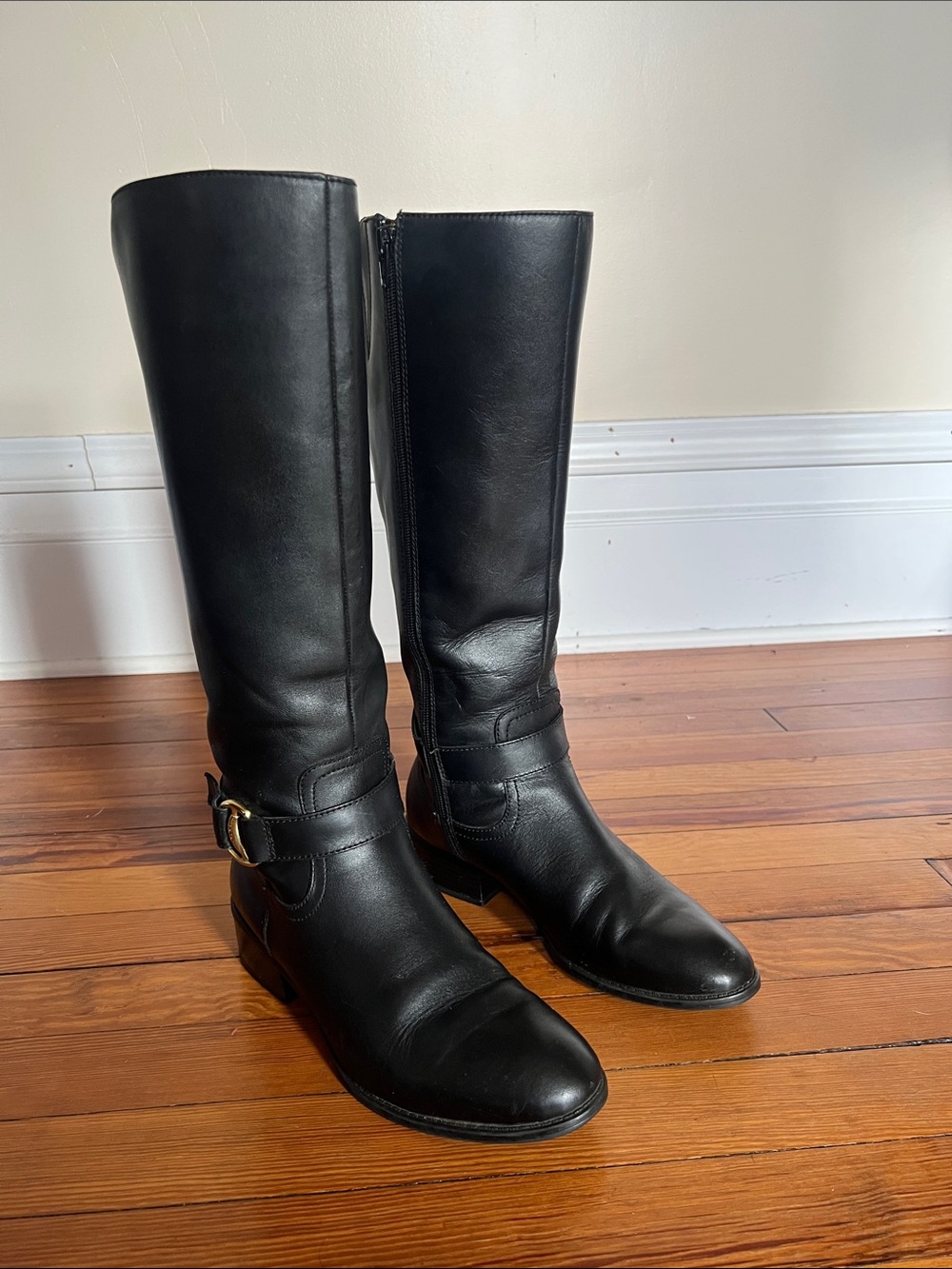 Lauren Ralph Lauren Norah Black Leather Tall Riding Boots Size 8B Gold Buckle